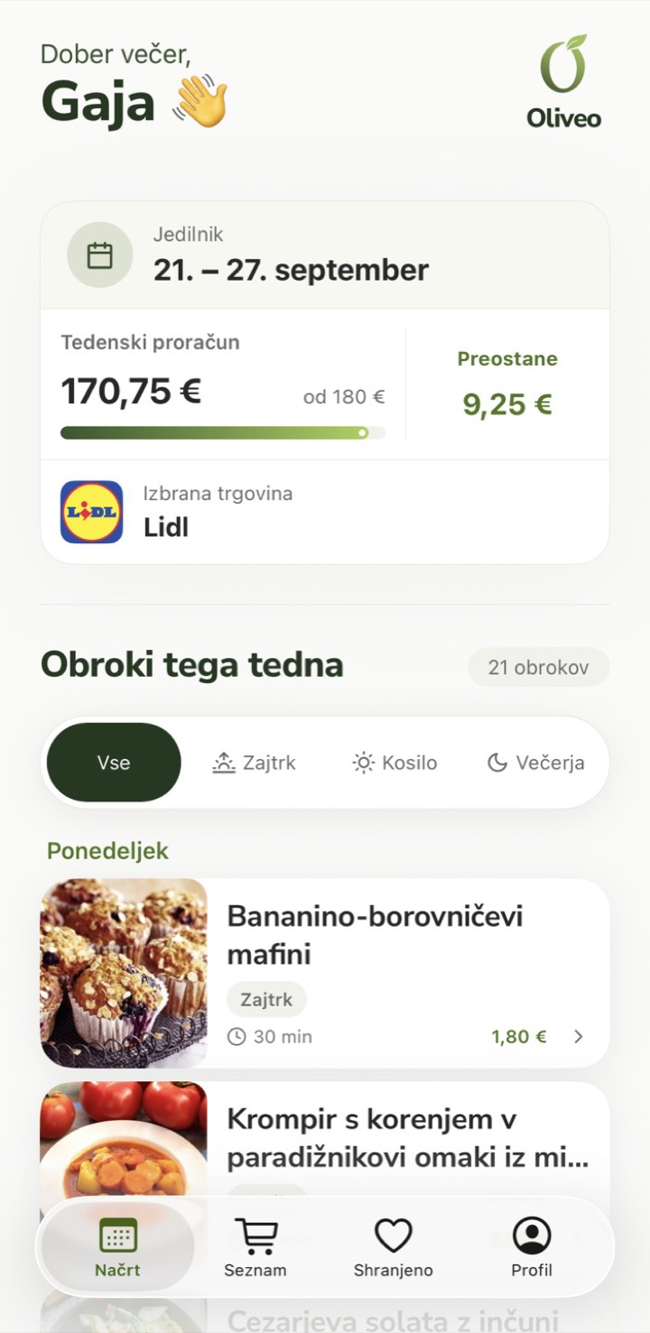 Načrt v aplikaciji: jedilnik za 21.–27. september in tedenski proračun pri Lidlu, 170,75 € od 180 €.